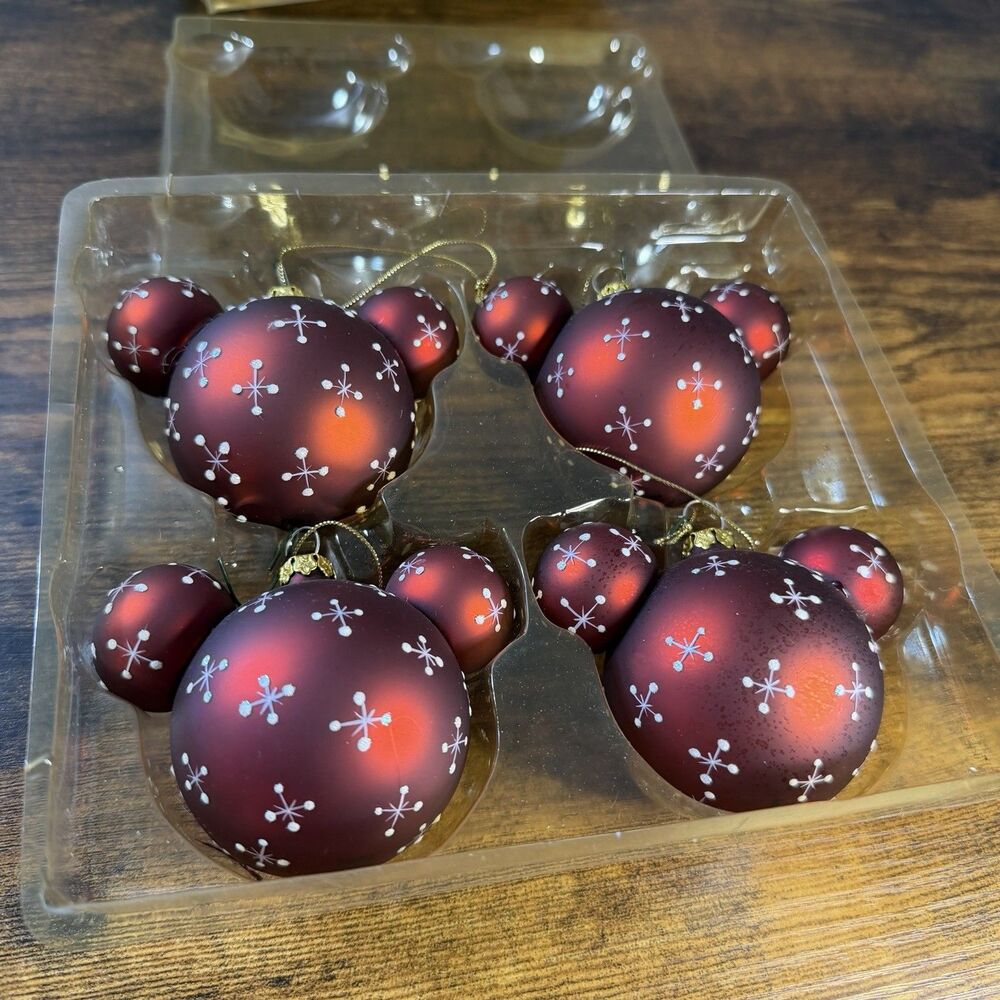 Disney Ornament Mickey Mouse Ears Blown Glass Red Star Sparkle Set Of 4 Rare WDW